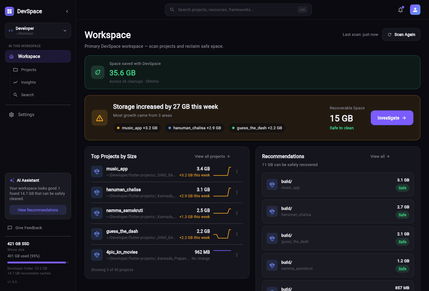 The DevSpace workspace: storage growth attributed per project, with recoverable space sorted into risk tiers.