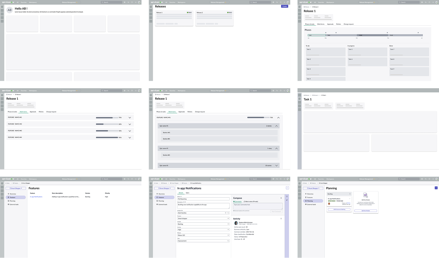 DPR wireframes — release dashboard and configuration screens